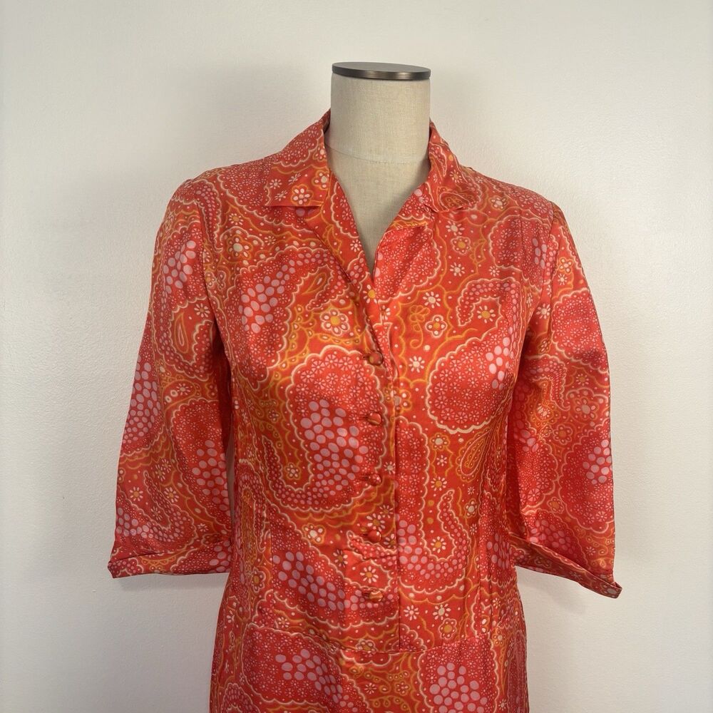 VTG 60s Mod Sheath Dress Orange Pink Psychedelic Paisley Silky Union Made S/6 - Picture 2 of 11
